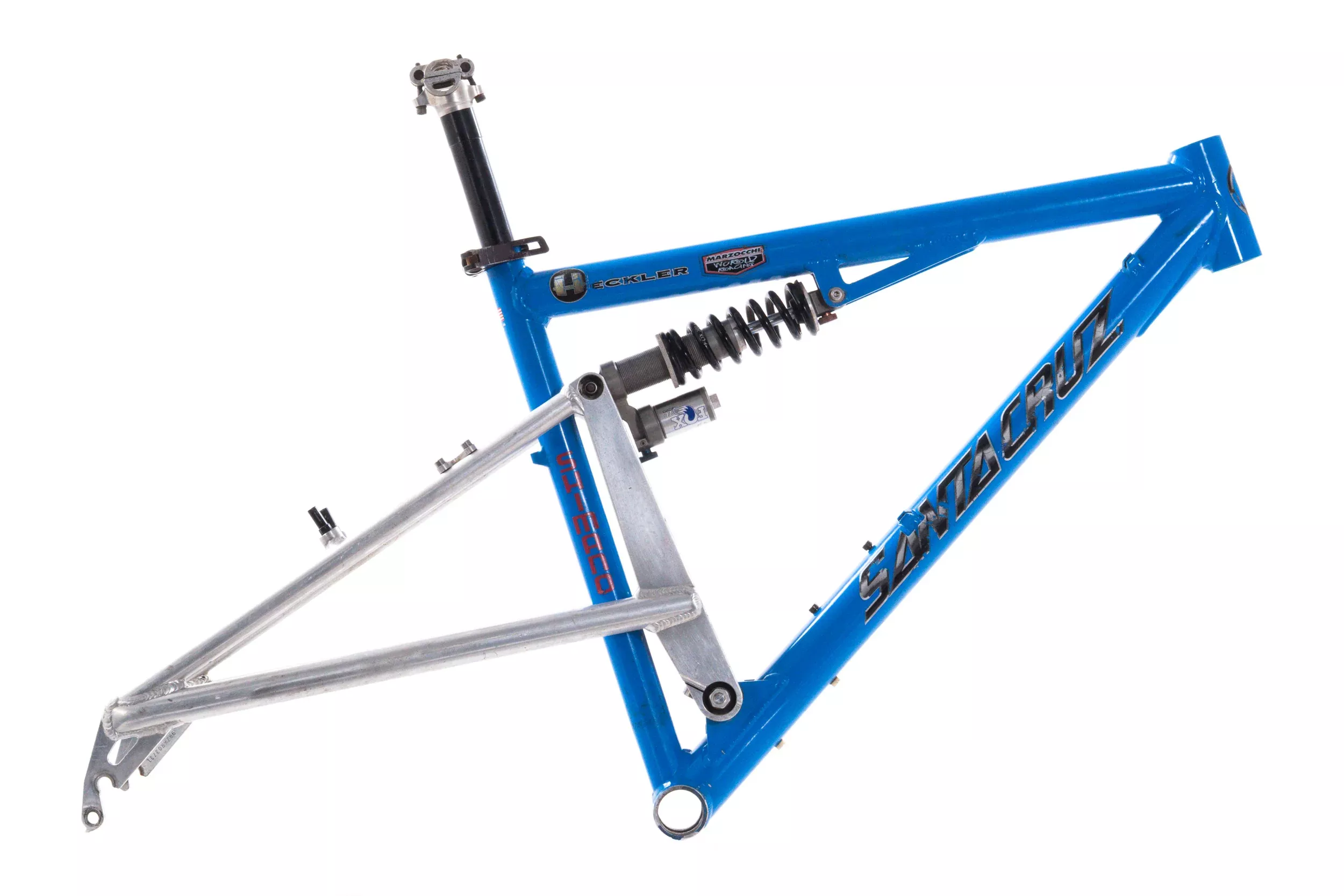USED Vintage 1990's Santa Cruz Heckler Med Full Sus Aluminum Mountain Bike Frame 26" Fox Vanilla TC Coil Rim Brake Blue
