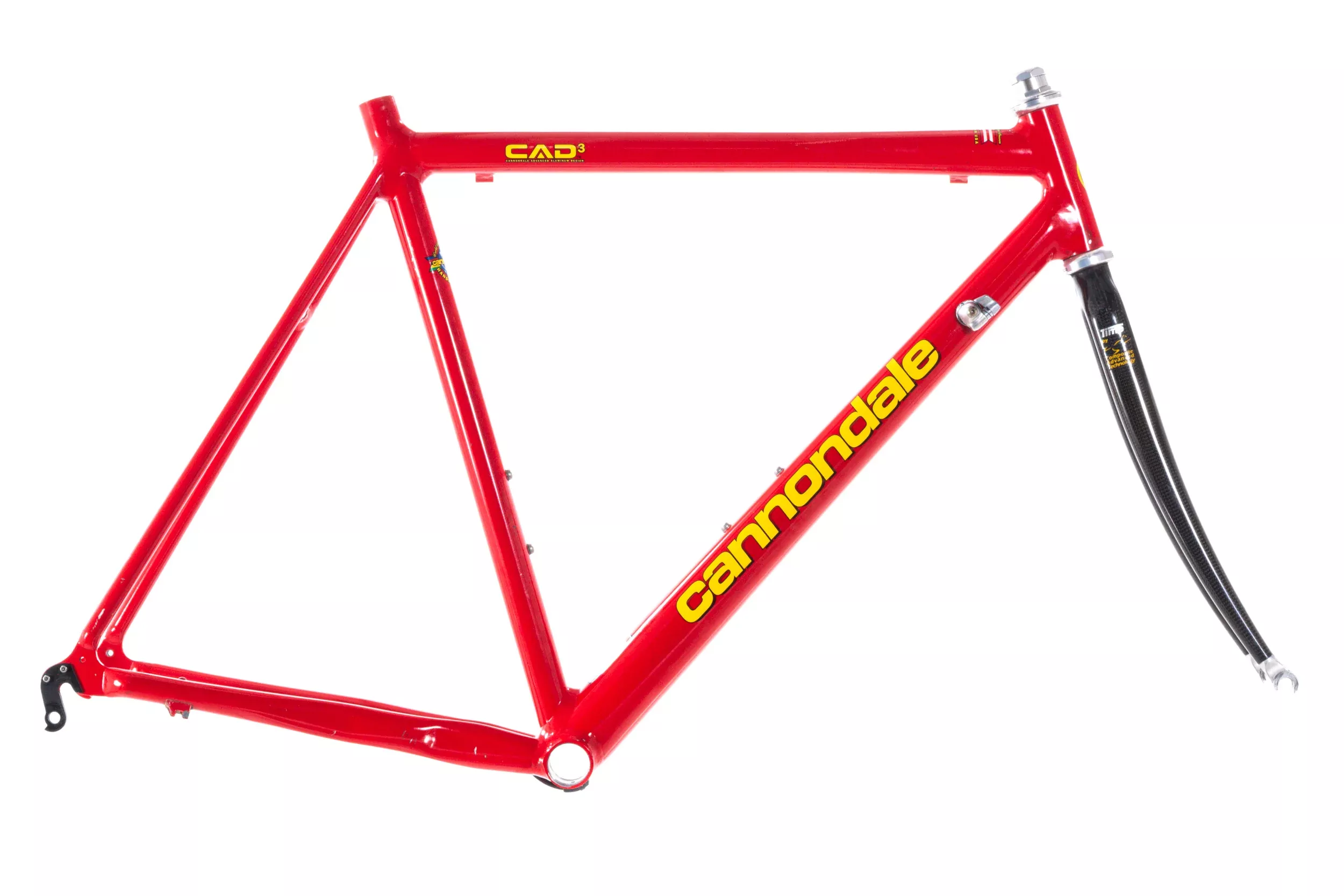 USED Vintage Cannondale CAAD 3 55cm Aluminum Frameset w/ Time Carbon Fork and Dura-Ace 1" Threaded Heaset Red/Yellow Team Saeco